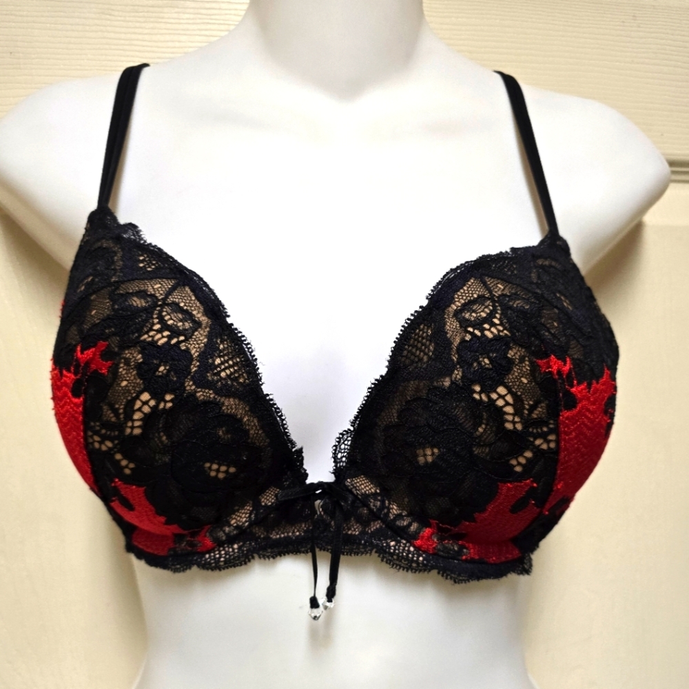 Victoria's Secret Push-Up Black and Red Lace Bra Sz32D